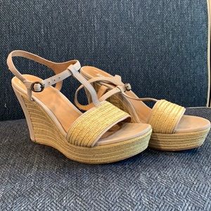 UGG raffia/suede platform t-strap sandals